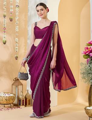 Purple satin siroski work saree with unstitch blouse piece for women 3
