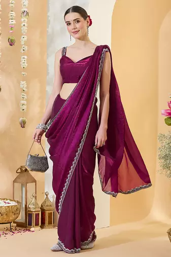 Purple satin siroski work saree with unstitch blouse piece for women