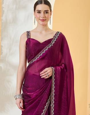 Purple satin siroski work saree with unstitch blouse piece for women 4