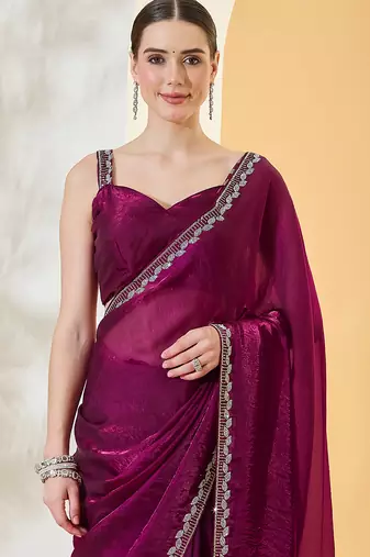 Purple satin siroski work saree with unstitch blouse piece for women