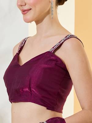 Purple satin siroski work saree with unstitch blouse piece for women 5
