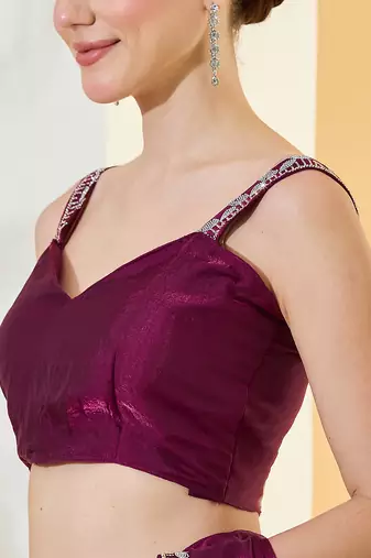 Purple satin siroski work saree with unstitch blouse piece for women