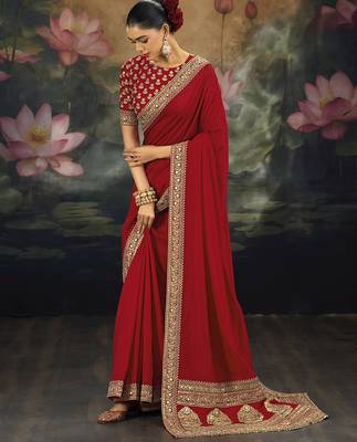 red designer silk blend embroidery sequence work saree with unstitched blouse piece  1