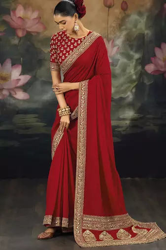red designer silk blend embroidery sequence work saree with unstitched blouse piece 
