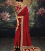 red designer silk blend embroidery sequence work saree with unstitched blouse piece 
