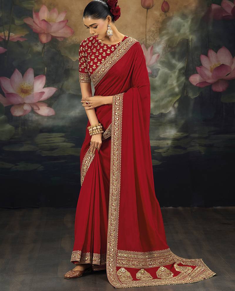 red designer silk blend embroidery sequence work saree with unstitched blouse piece 