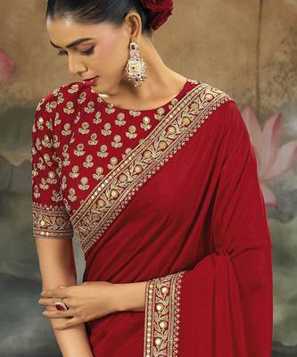 red designer silk blend embroidery sequence work saree with unstitched blouse piece  2