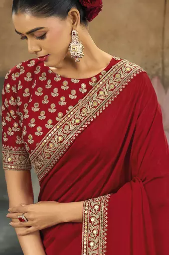 red designer silk blend embroidery sequence work saree with unstitched blouse piece 