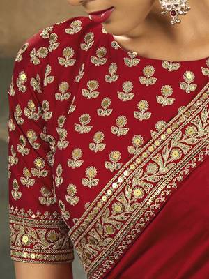 red designer silk blend embroidery sequence work saree with unstitched blouse piece  3