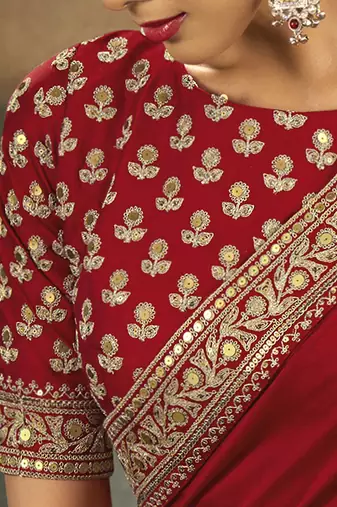 red designer silk blend embroidery sequence work saree with unstitched blouse piece 