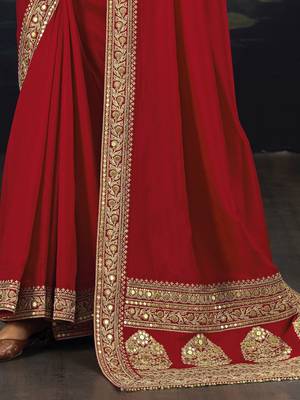 red designer silk blend embroidery sequence work saree with unstitched blouse piece  4