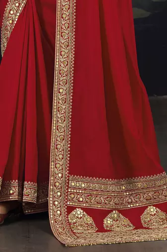 red designer silk blend embroidery sequence work saree with unstitched blouse piece 