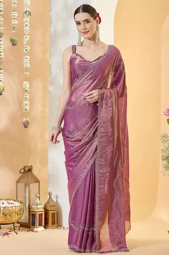 Purple satin siroski work saree with unstitch blouse piece for women