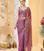 Purple satin siroski work saree with unstitch blouse piece for women