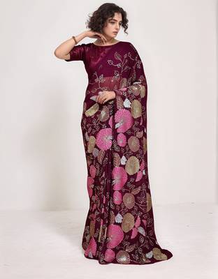 georgette wine designer thread sequance embroidery work saree 2
