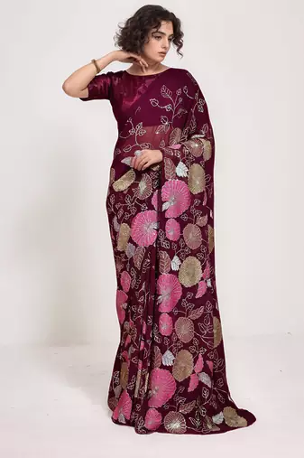 georgette wine designer thread sequance embroidery work saree