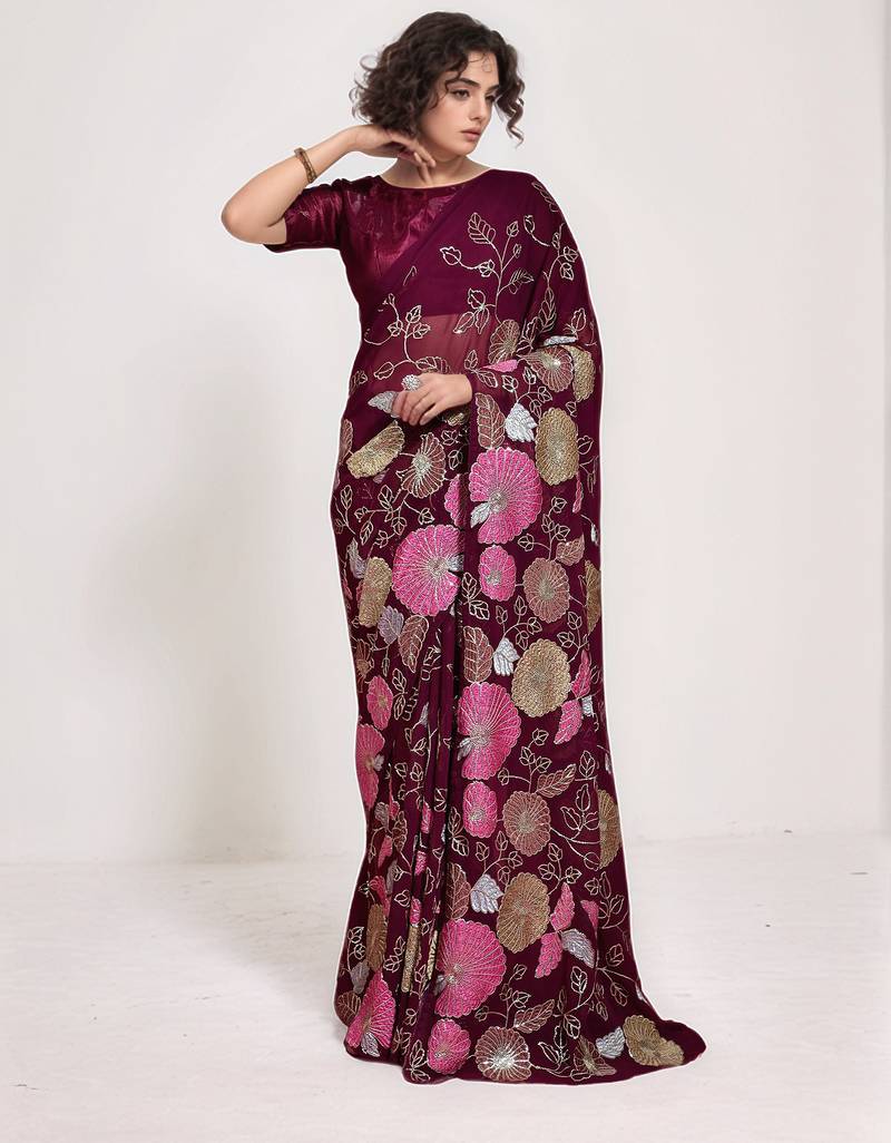 georgette wine designer thread sequance embroidery work saree