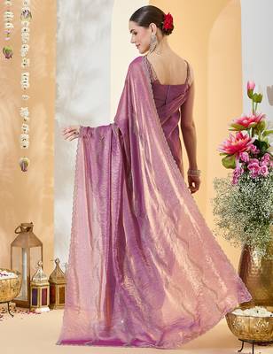 Purple satin siroski work saree with unstitch blouse piece for women 2