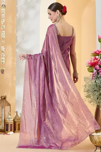 Purple satin siroski work saree with unstitch blouse piece for women