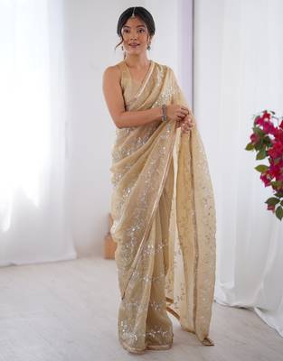 gold crush beige designer beads moti val zig zag sequance work saree 1