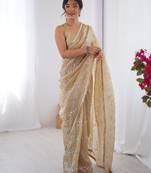 gold crush beige designer beads moti val zig zag sequance work saree
