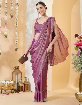 Purple satin siroski work saree with unstitch blouse piece for women 3