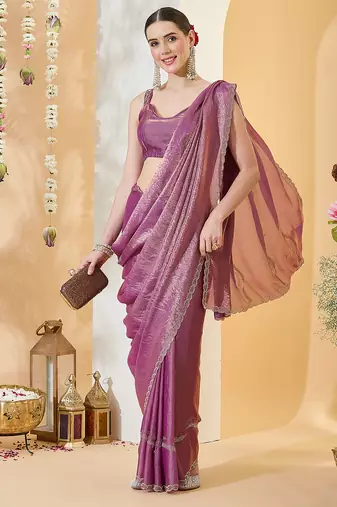 Purple satin siroski work saree with unstitch blouse piece for women