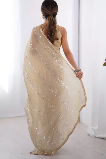 gold crush beige designer beads moti val zig zag sequance work saree