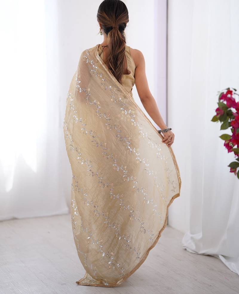 gold crush beige designer beads moti val zig zag sequance work saree