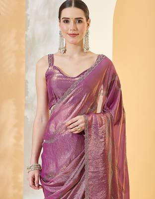 Purple satin siroski work saree with unstitch blouse piece for women 4