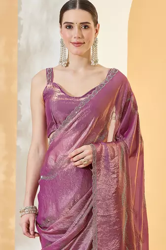 Purple satin siroski work saree with unstitch blouse piece for women