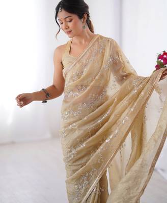 gold crush beige designer beads moti val zig zag sequance work saree 3