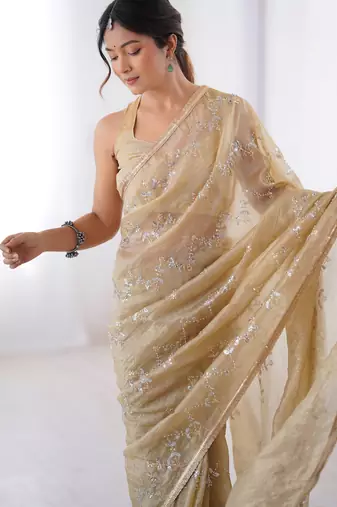 gold crush beige designer beads moti val zig zag sequance work saree
