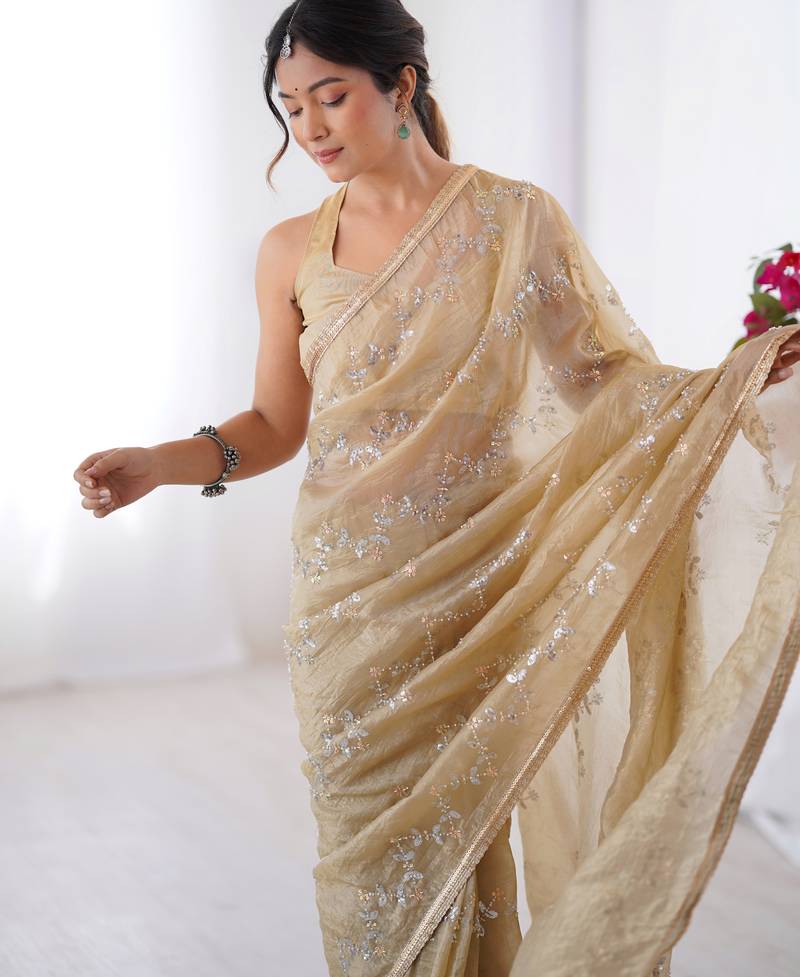 gold crush beige designer beads moti val zig zag sequance work saree
