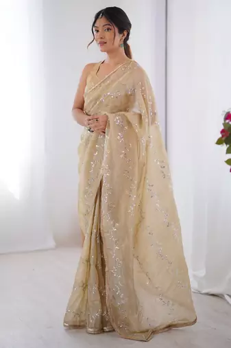 gold crush beige designer beads moti val zig zag sequance work saree