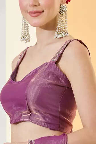 Purple satin siroski work saree with unstitch blouse piece for women