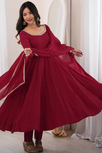  Embroidery Work Chanderi Fabric Flared Anarkali Pant and Dupatta Set