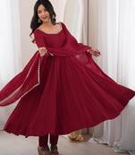  Embroidery Work Chanderi Fabric Flared Anarkali Pant and Dupatta Set