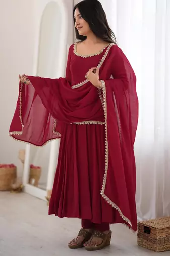  Embroidery Work Chanderi Fabric Flared Anarkali Pant and Dupatta Set