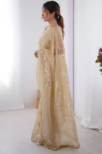 gold crush beige designer beads moti val zig zag sequance work saree
