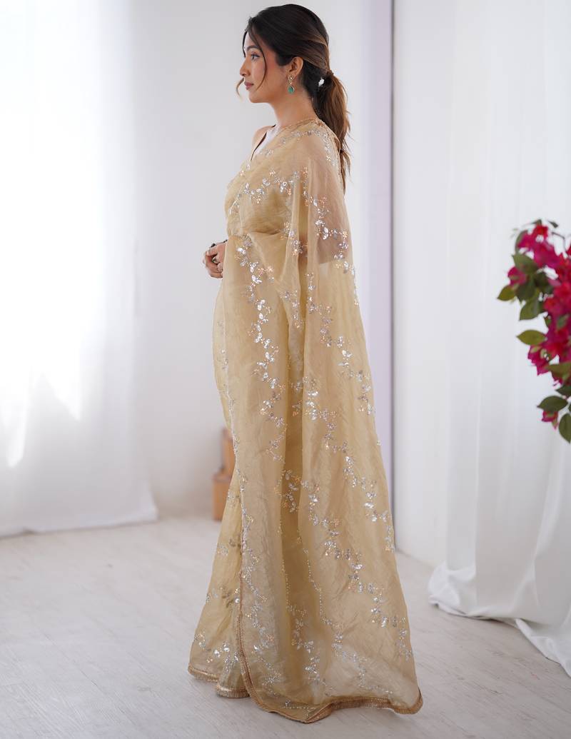 gold crush beige designer beads moti val zig zag sequance work saree