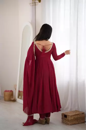  Embroidery Work Chanderi Fabric Flared Anarkali Pant and Dupatta Set