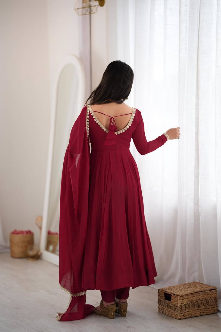  Embroidery Work Chanderi Fabric Flared Anarkali Pant and Dupatta Set
