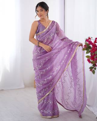 gold crush purple designer beads moti val zig zag sequance work saree 1