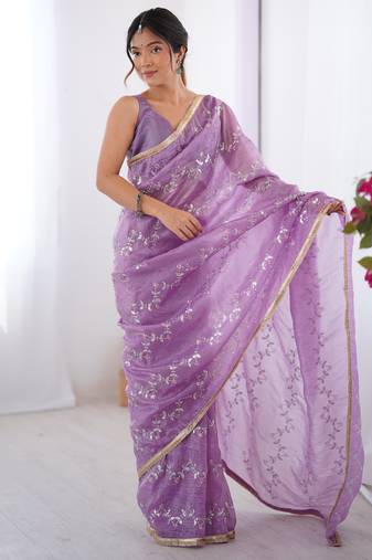 gold crush purple designer beads moti val zig zag sequance work saree