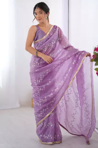 gold crush purple designer beads moti val zig zag sequance work saree