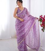gold crush purple designer beads moti val zig zag sequance work saree