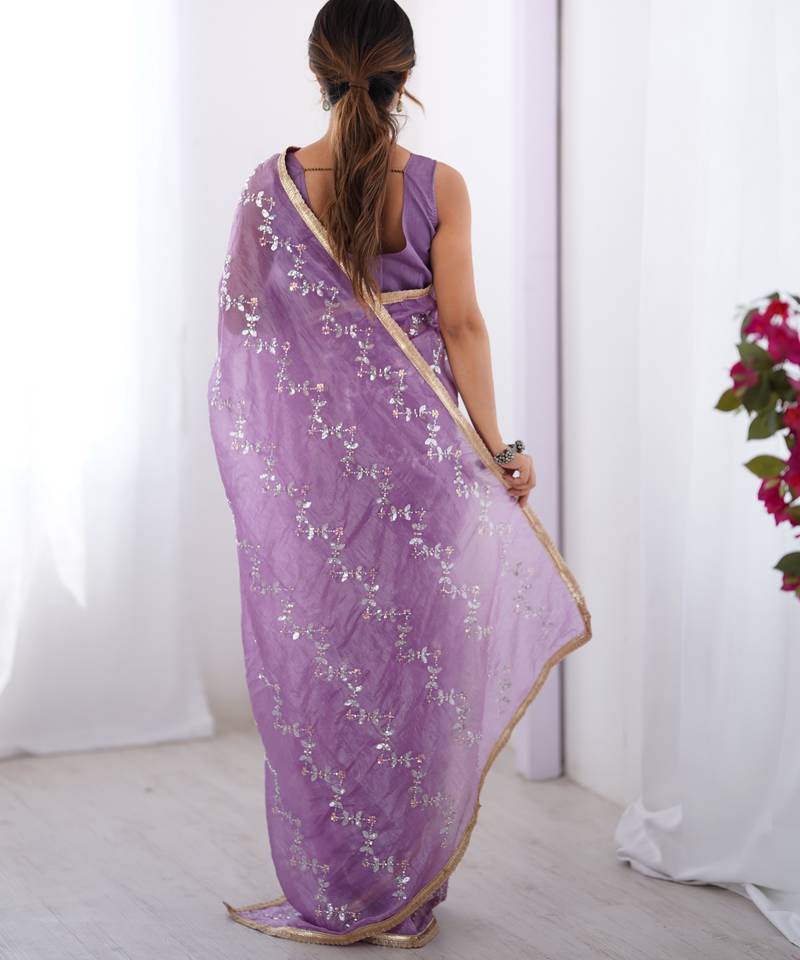 gold crush purple designer beads moti val zig zag sequance work saree