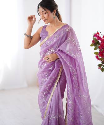gold crush purple designer beads moti val zig zag sequance work saree 3