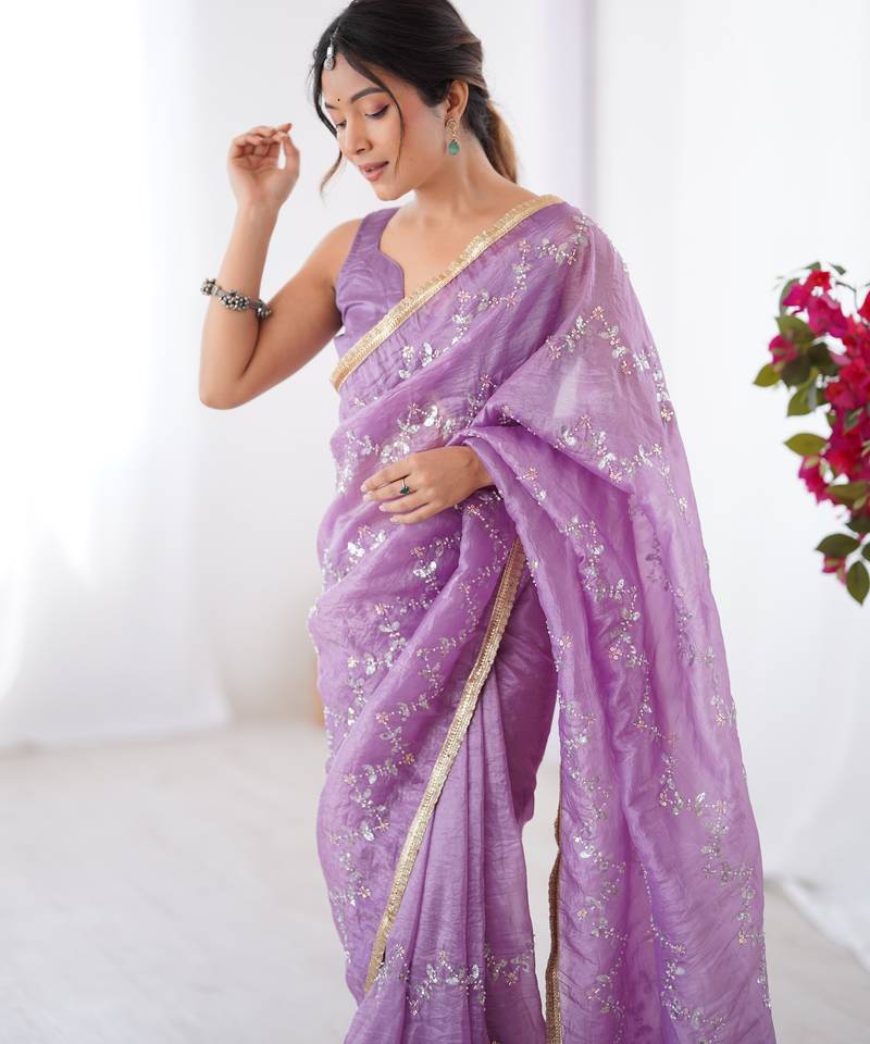 gold crush purple designer beads moti val zig zag sequance work saree